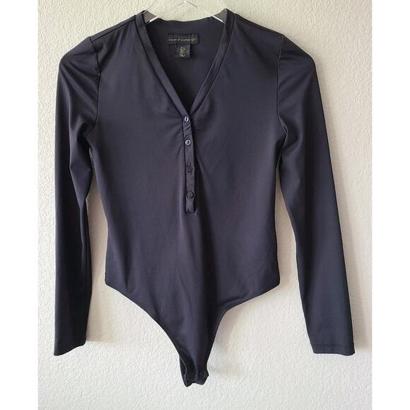 House of Harlow 1960 Bodysuit Henley Women Small Black Minimalist Modern Stretch - Picture 1 of 10